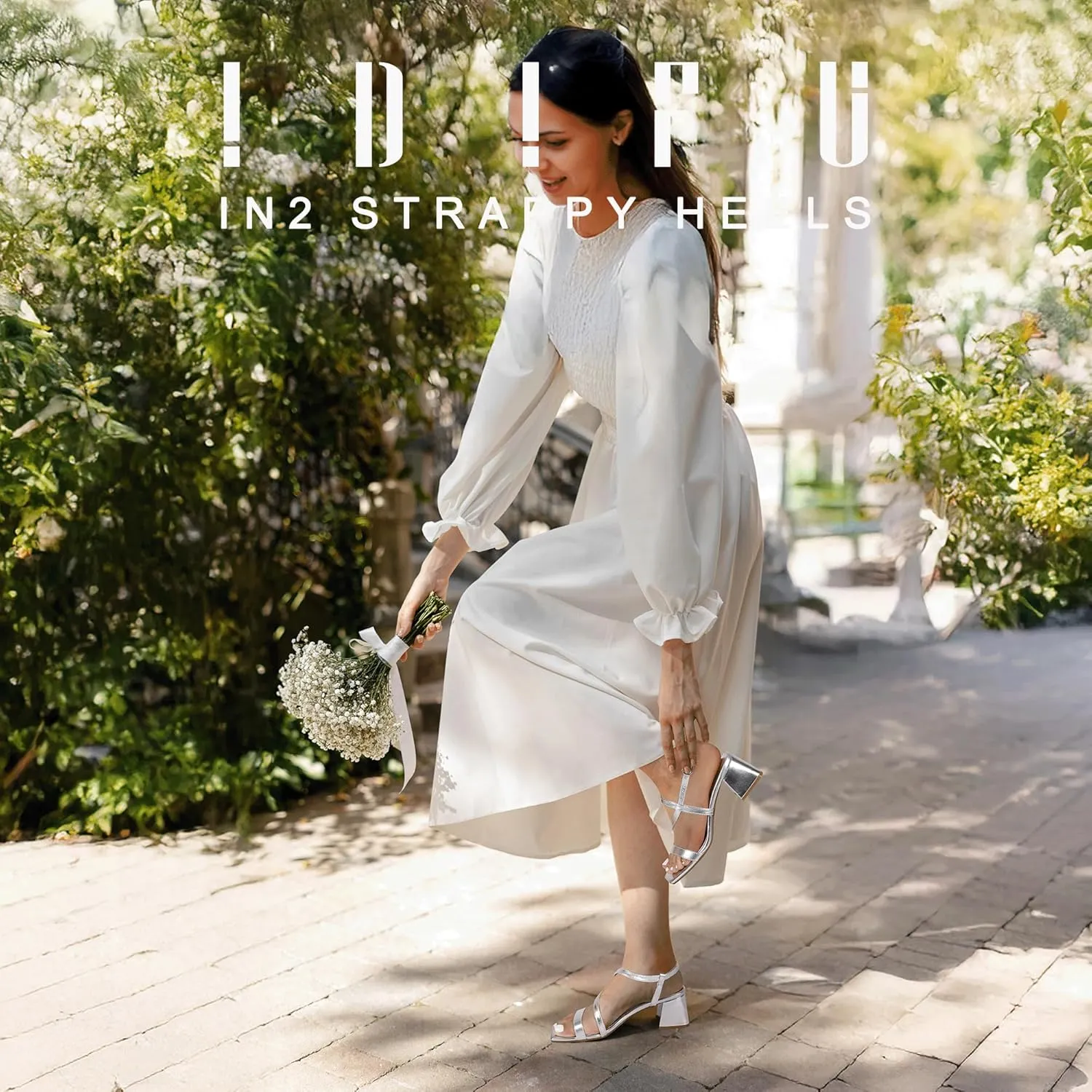 IDIFU IN2 Strappy Heels for Women Square Toe Low Chunky Block Heels with Ankle Strap Women's Slingback Irregular Heel Dress Shoes for Bride Wedding Heeled Sandals Dressy Short Heels