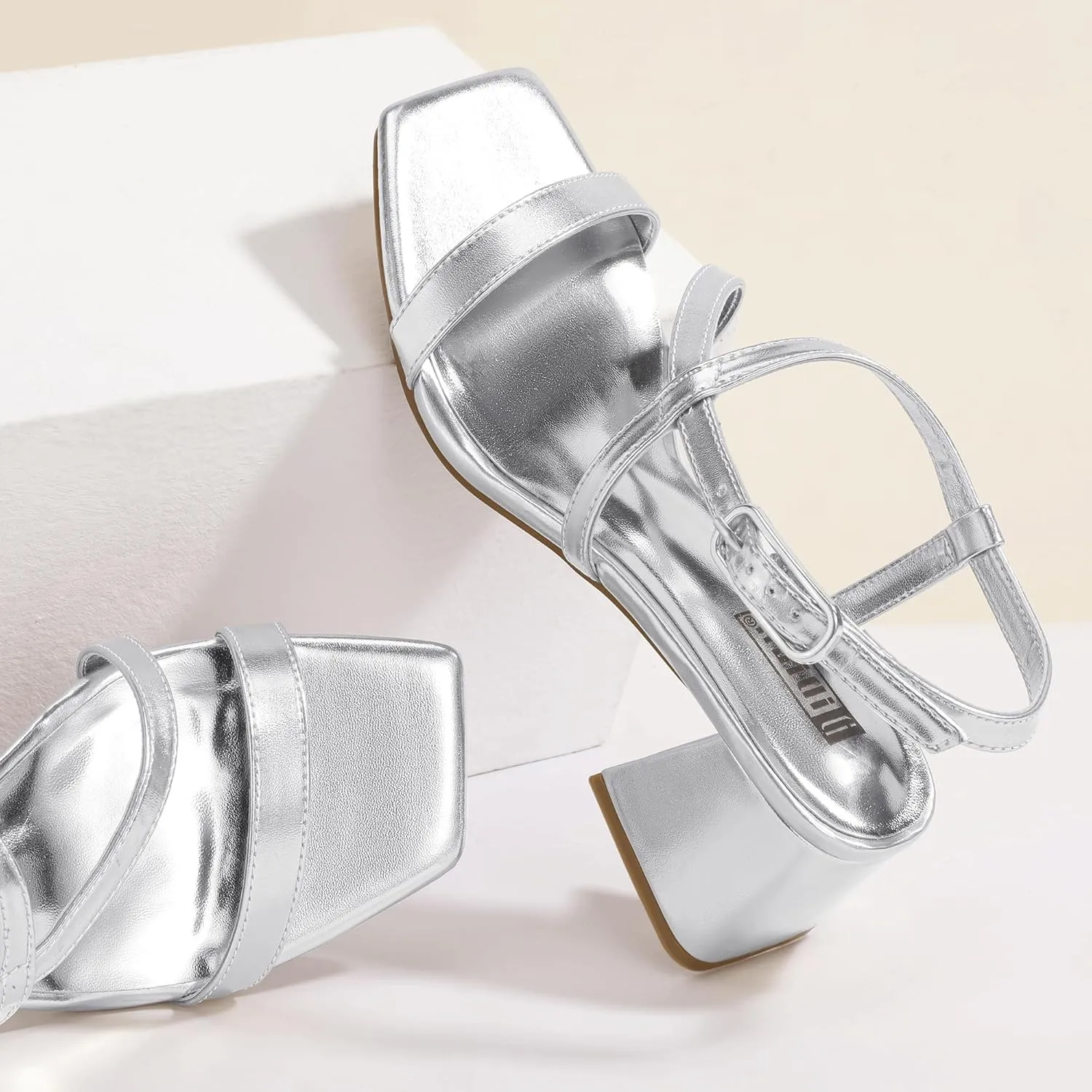 IDIFU IN2 Strappy Heels for Women Square Toe Low Chunky Block Heels with Ankle Strap Women's Slingback Irregular Heel Dress Shoes for Bride Wedding Heeled Sandals Dressy Short Heels