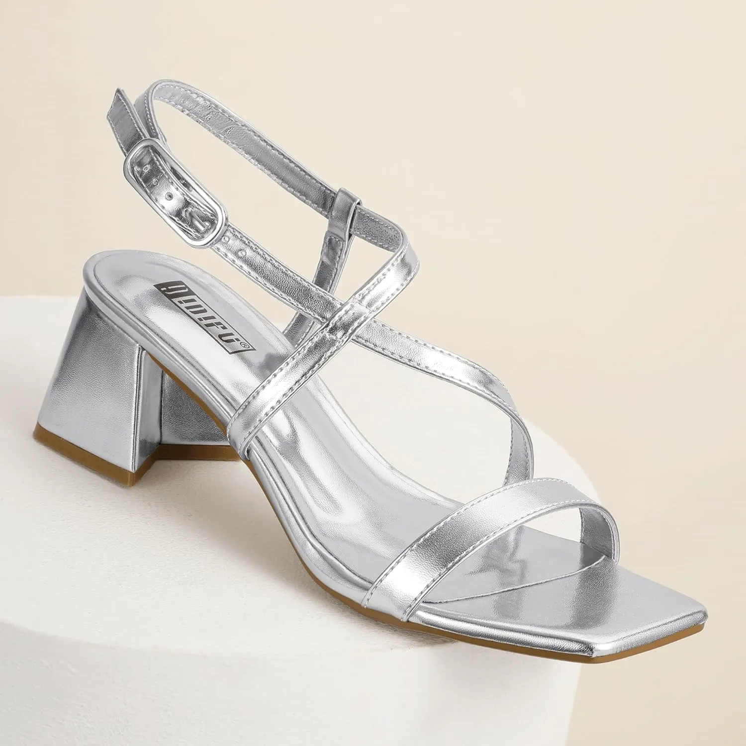 IDIFU IN2 Strappy Heels for Women Square Toe Low Chunky Block Heels with Ankle Strap Women's Slingback Irregular Heel Dress Shoes for Bride Wedding Heeled Sandals Dressy Short Heels