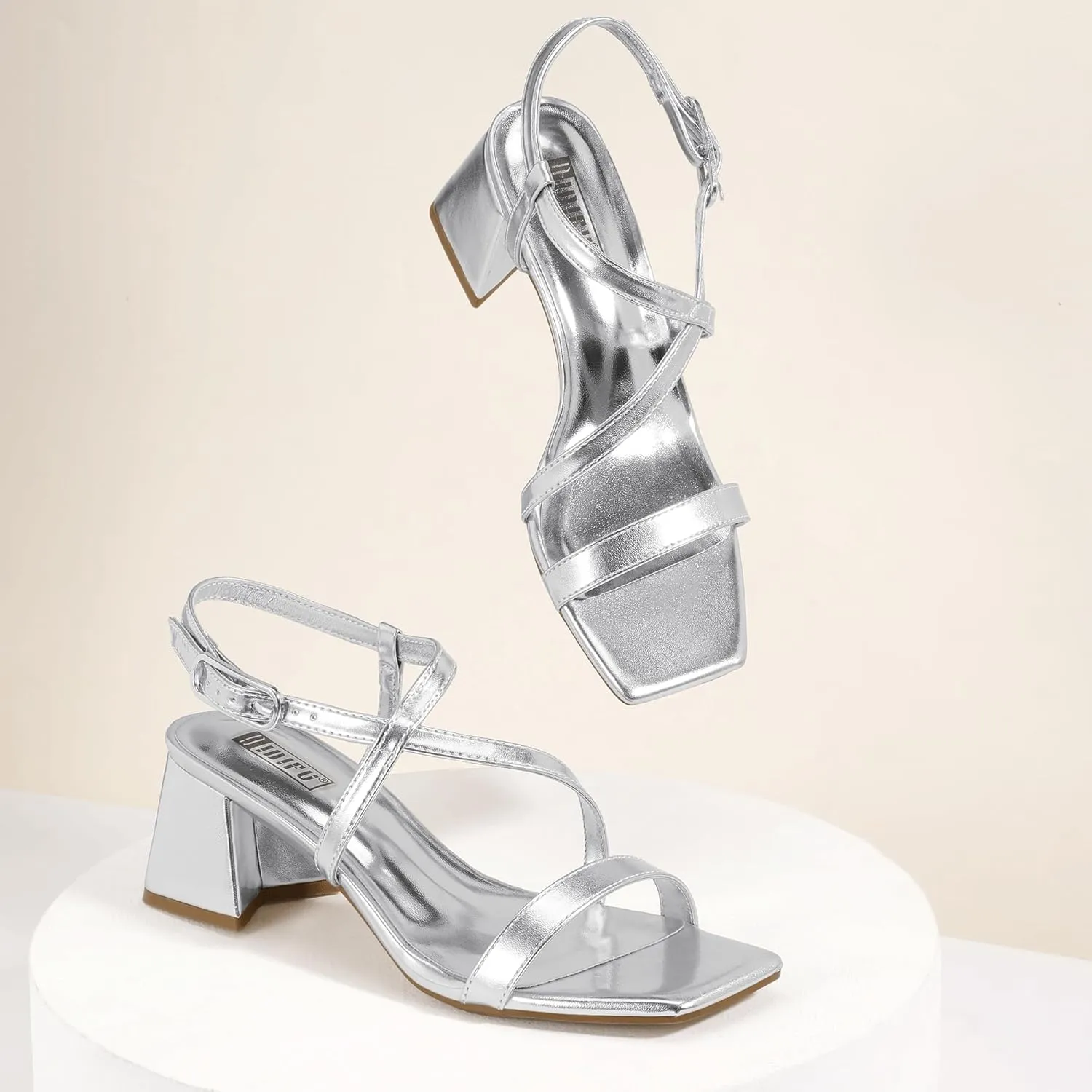 IDIFU IN2 Strappy Heels for Women Square Toe Low Chunky Block Heels with Ankle Strap Women's Slingback Irregular Heel Dress Shoes for Bride Wedding Heeled Sandals Dressy Short Heels