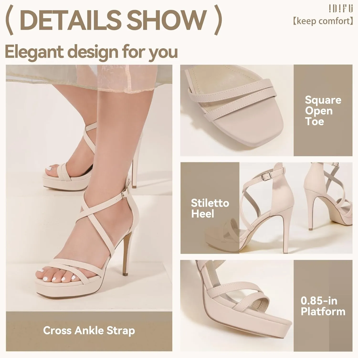 IDIFU IN4 Platform High Heels for Women Strappy Heeled Sandals Square Toe Heels Stiletto Heels Women's Wedding Party Bridal Sexy Dress Shoes Open Toe Heels