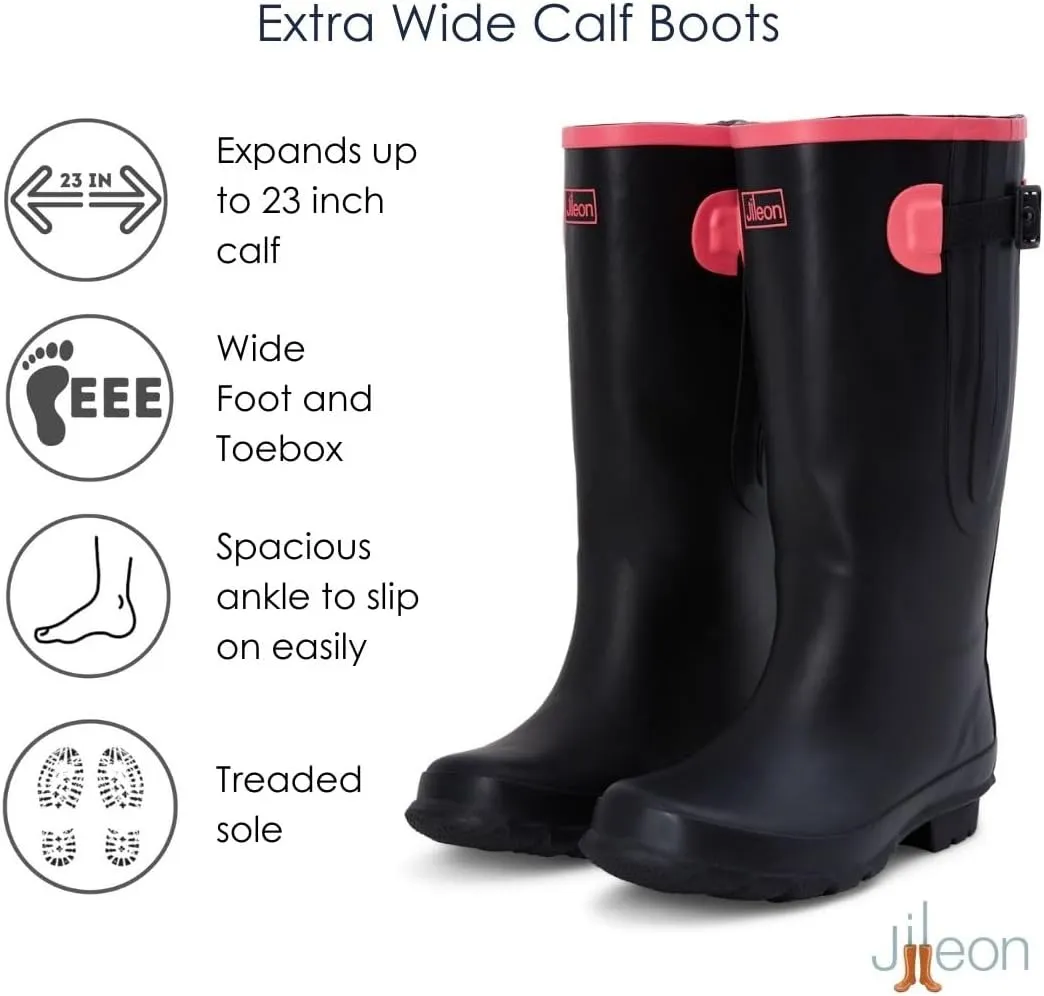 Jileon Wide Fit Womens Rain Boots - Fit up to 18 Calves - Unique Design For Wide Feet, Ankles & Calves