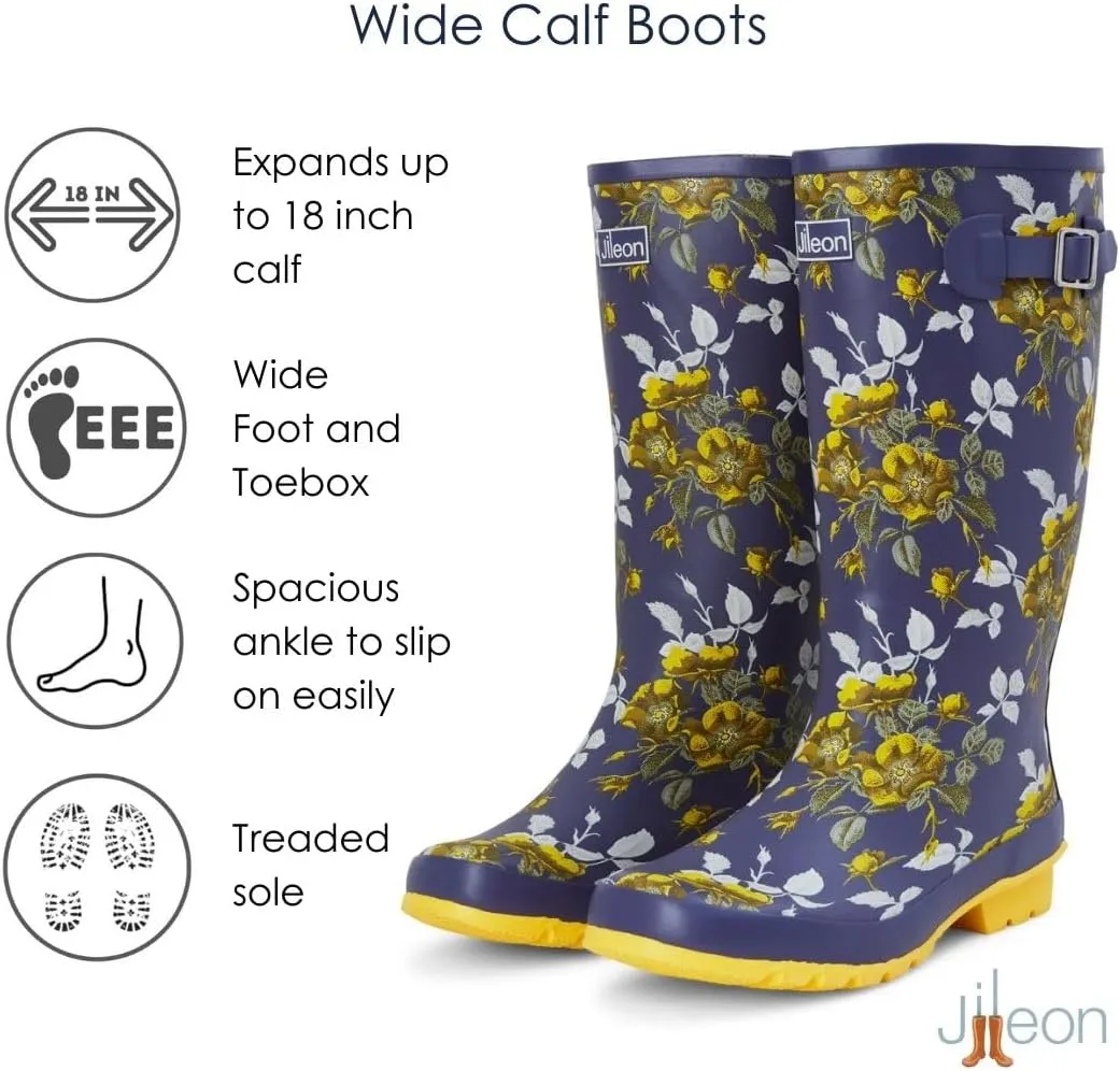 Jileon Wide Fit Womens Rain Boots - Fit up to 18 Calves - Unique Design For Wide Feet, Ankles & Calves