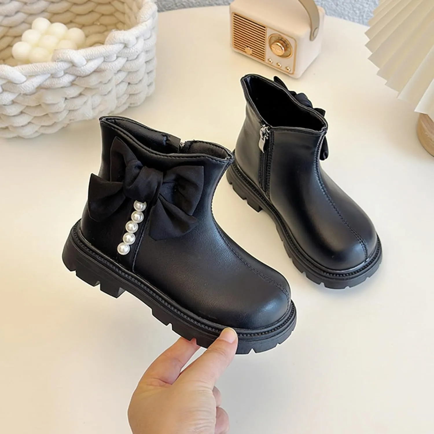Kids Girls Pearl Bowknot Princess Dress Boots Soft Sole Anti Slip Fashion Birthday Wedding Shoes with Side Zipper