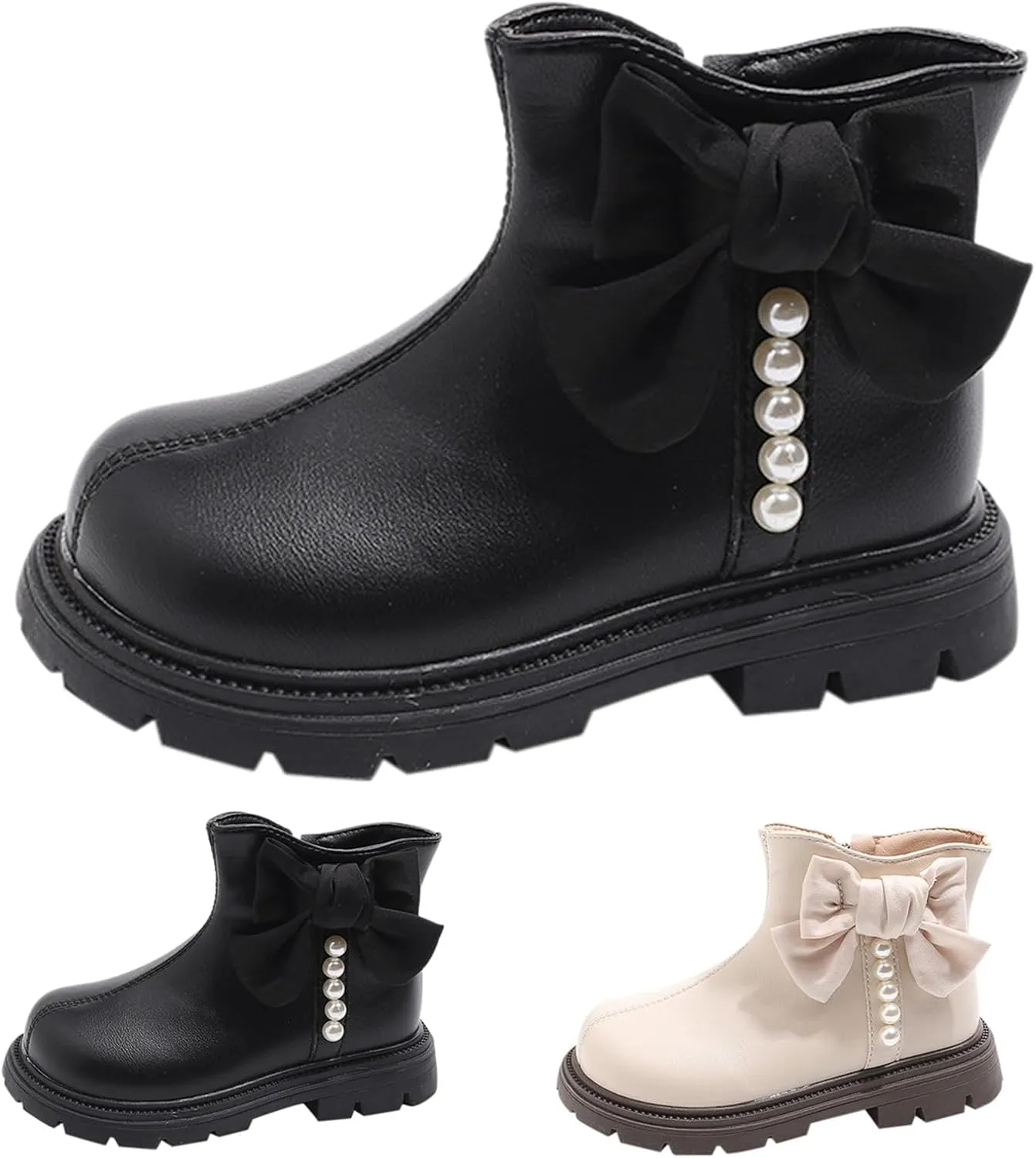 Kids Girls Pearl Bowknot Princess Dress Boots Soft Sole Anti Slip Fashion Birthday Wedding Shoes with Side Zipper