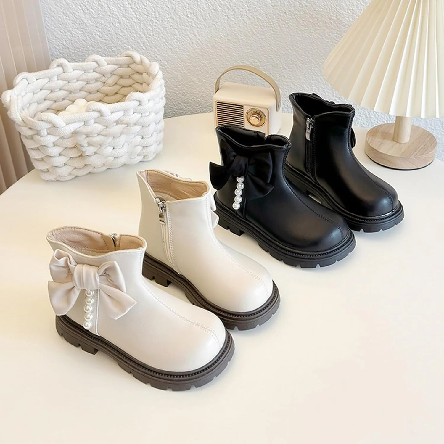 Kids Girls Pearl Bowknot Princess Dress Boots Soft Sole Anti Slip Fashion Birthday Wedding Shoes with Side Zipper