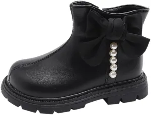 Kids Girls Pearl Bowknot Princess Dress Boots Soft Sole Anti Slip Fashion Birthday Wedding Shoes with Side Zipper