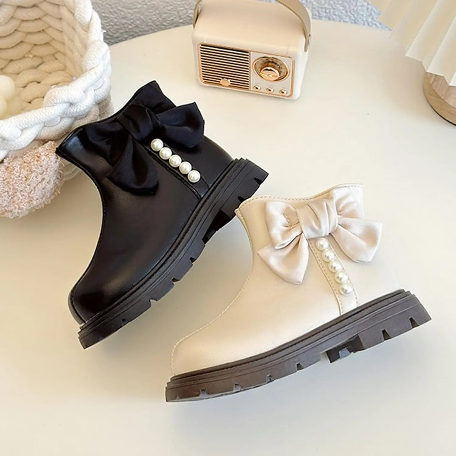 Kids Girls Pearl Bowknot Princess Dress Boots Soft Sole Anti Slip Fashion Birthday Wedding Shoes with Side Zipper
