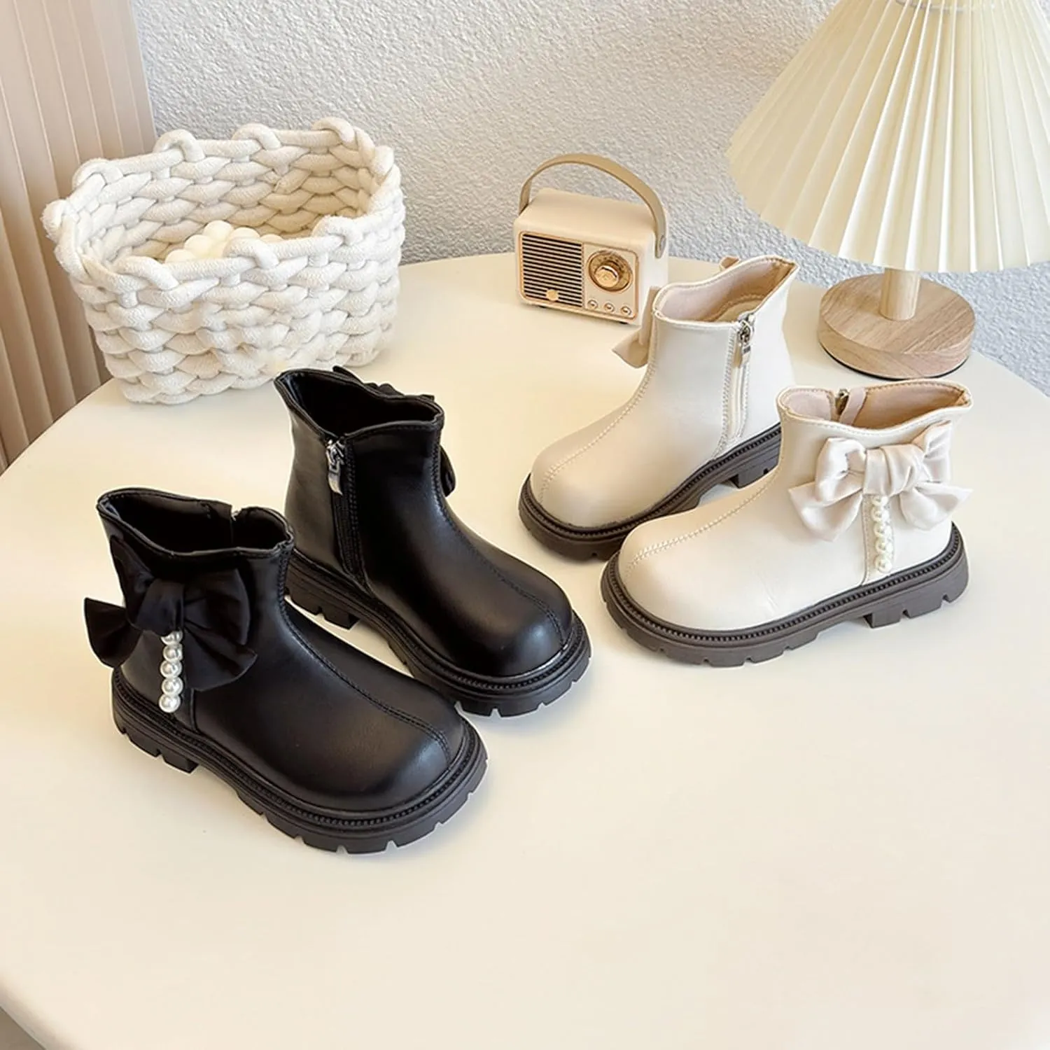 Kids Girls Pearl Bowknot Princess Dress Boots Soft Sole Anti Slip Fashion Birthday Wedding Shoes with Side Zipper