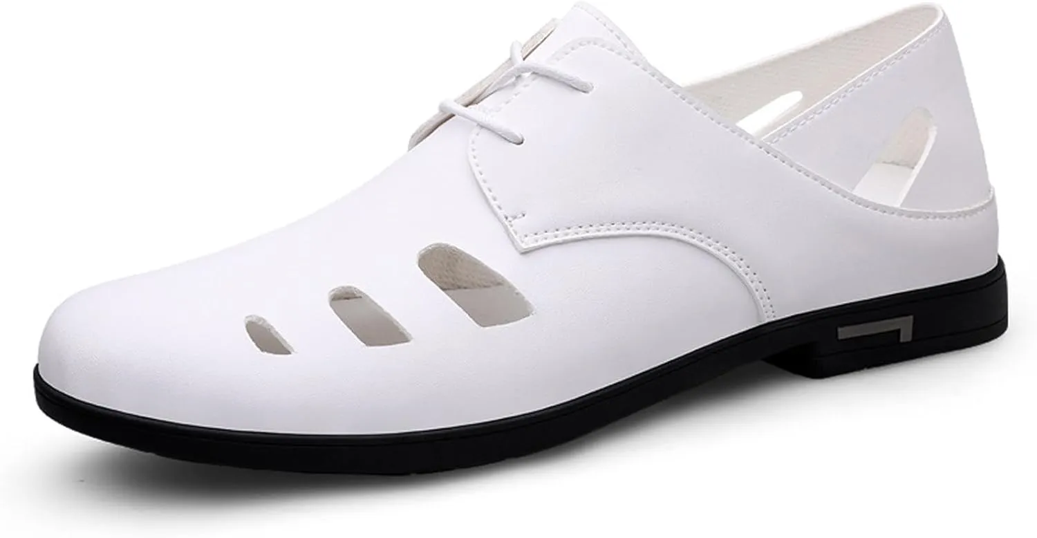 Men's Cutout Leather Lace Up Casual Shoes Comfort Breathable Slip-On Loafers Lightweight Non-Slip Office Prom Dating Dress Shoes
