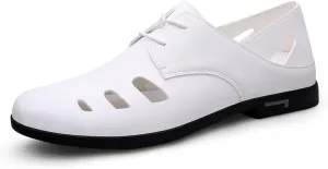 Men's Cutout Leather Lace Up Casual Shoes Comfort Breathable Slip-On Loafers Lightweight Non-Slip Office Prom Dating Dress Shoes