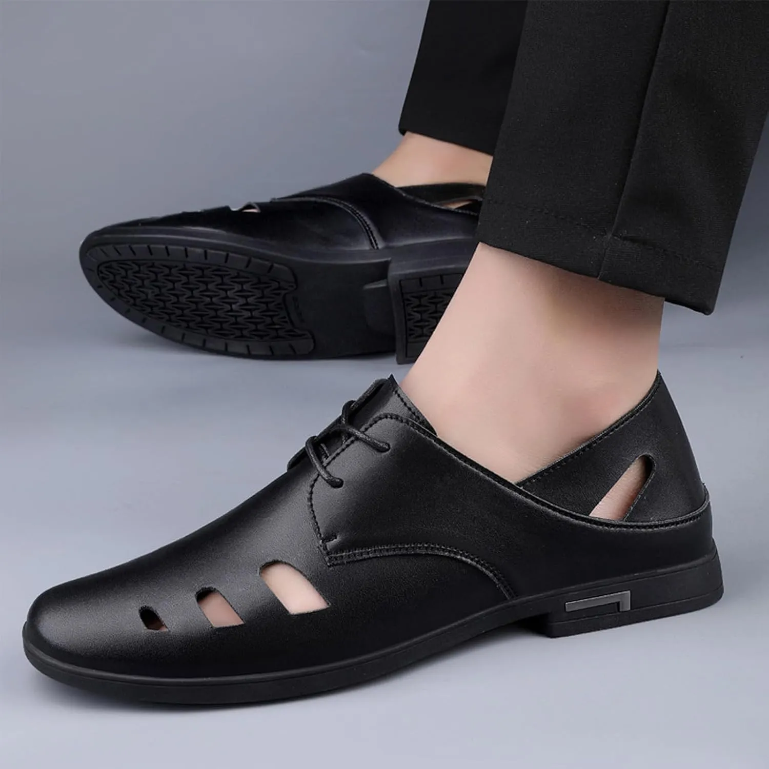 Men's Cutout Leather Lace Up Casual Shoes Comfort Breathable Slip-On Loafers Lightweight Non-Slip Office Prom Dating Dress Shoes