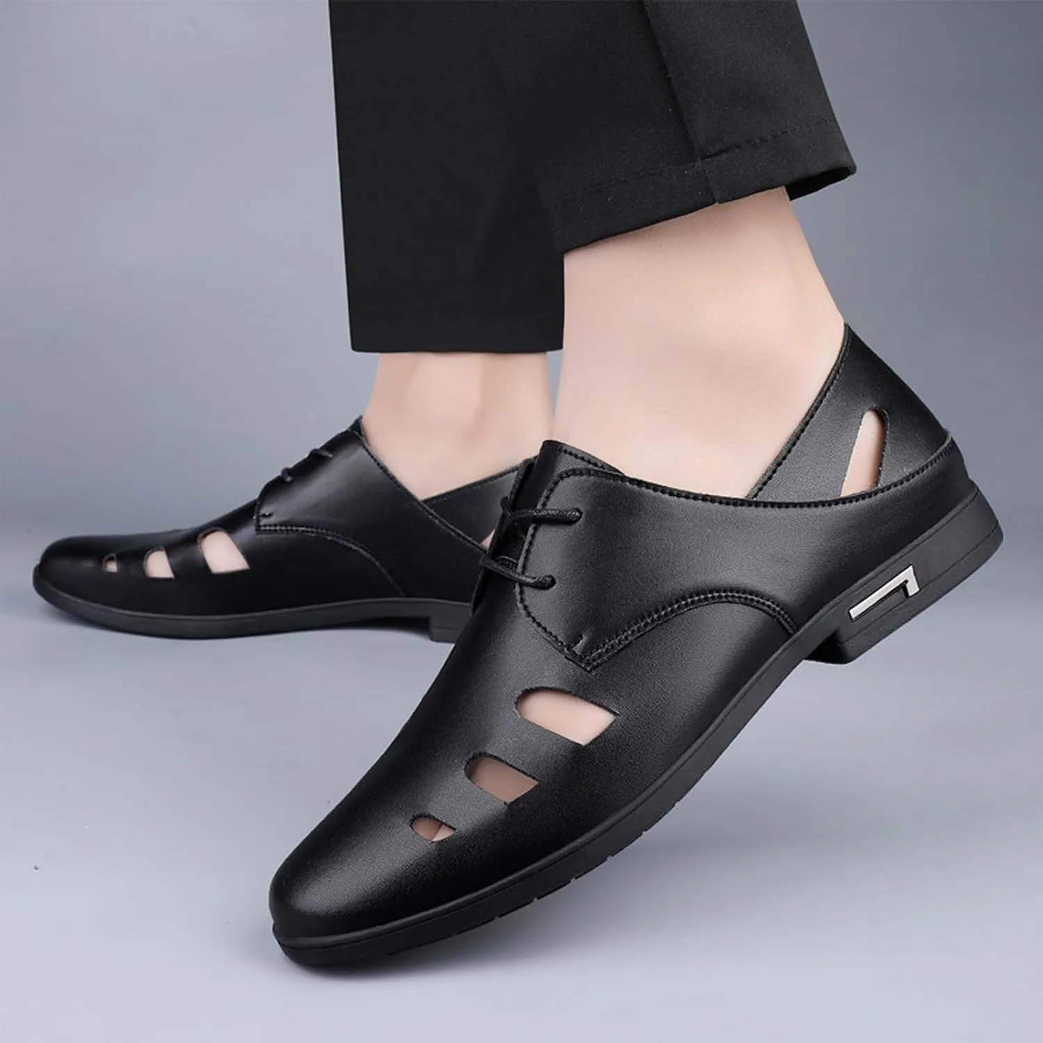 Men's Cutout Leather Lace Up Casual Shoes Comfort Breathable Slip-On Loafers Lightweight Non-Slip Office Prom Dating Dress Shoes