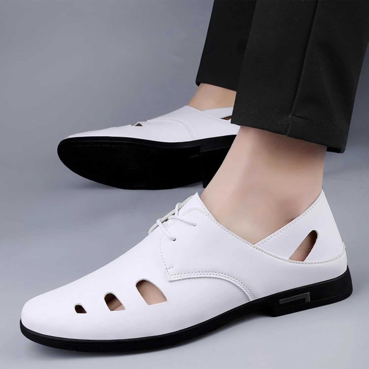 Men's Cutout Leather Lace Up Casual Shoes Comfort Breathable Slip-On Loafers Lightweight Non-Slip Office Prom Dating Dress Shoes
