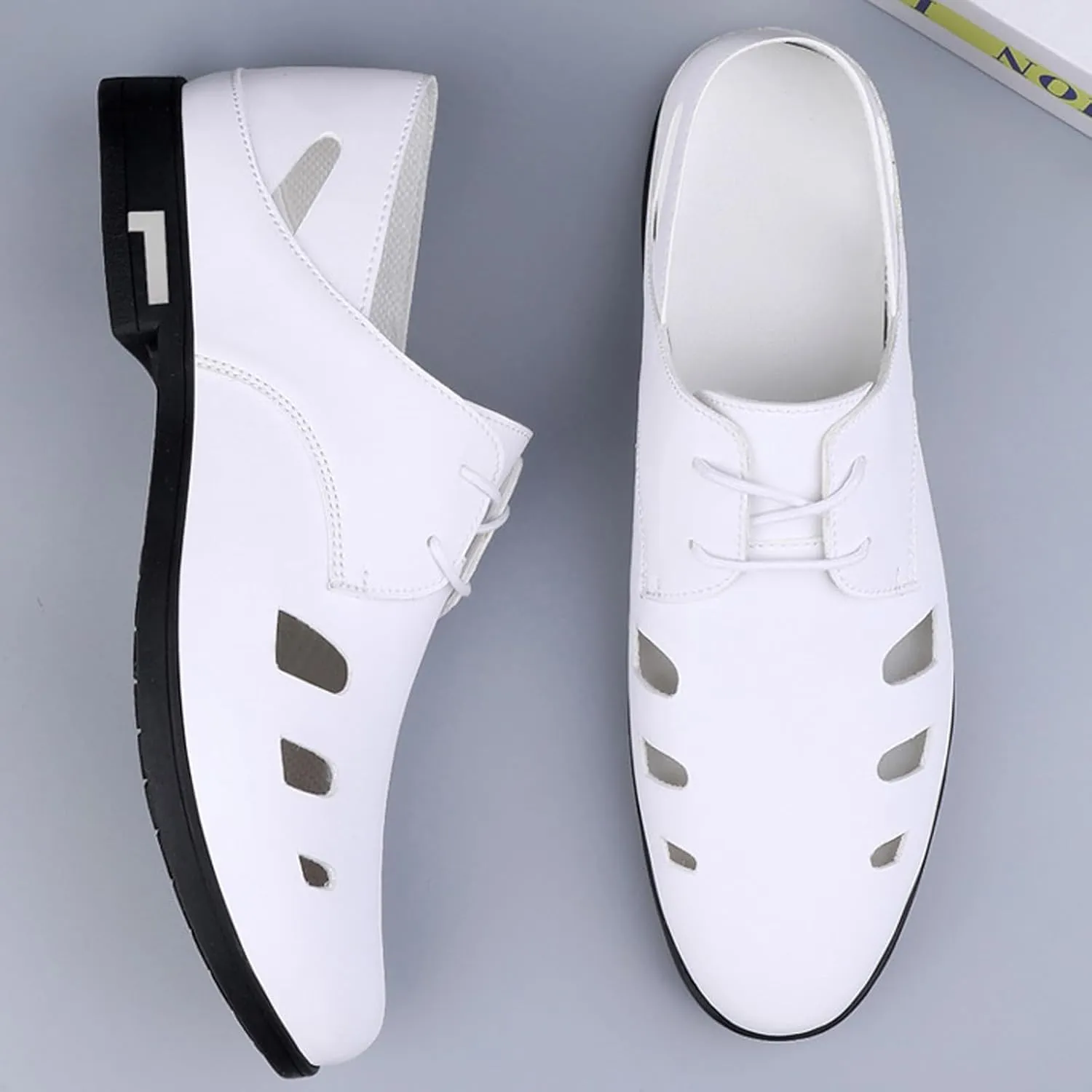 Men's Cutout Leather Lace Up Casual Shoes Comfort Breathable Slip-On Loafers Lightweight Non-Slip Office Prom Dating Dress Shoes