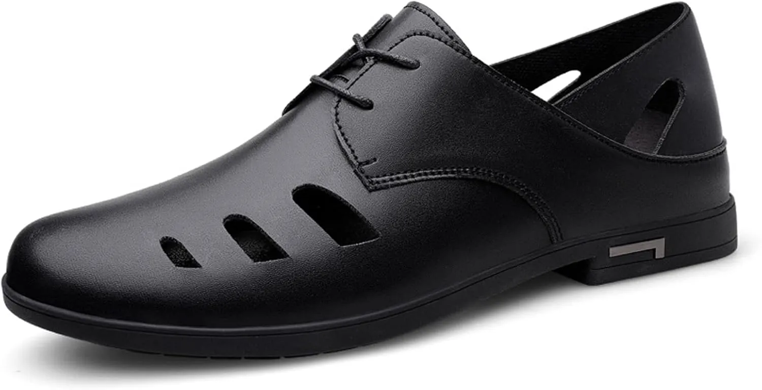 Men's Cutout Leather Lace Up Casual Shoes Comfort Breathable Slip-On Loafers Lightweight Non-Slip Office Prom Dating Dress Shoes