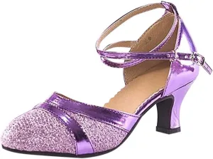 oiangi Women's Satin Latin Dance Shoes 2023 Fashion Close Toe Ankle Straps Buckle Sandals Professional Ballroom Salsa Practice Performance Dancing Shoes