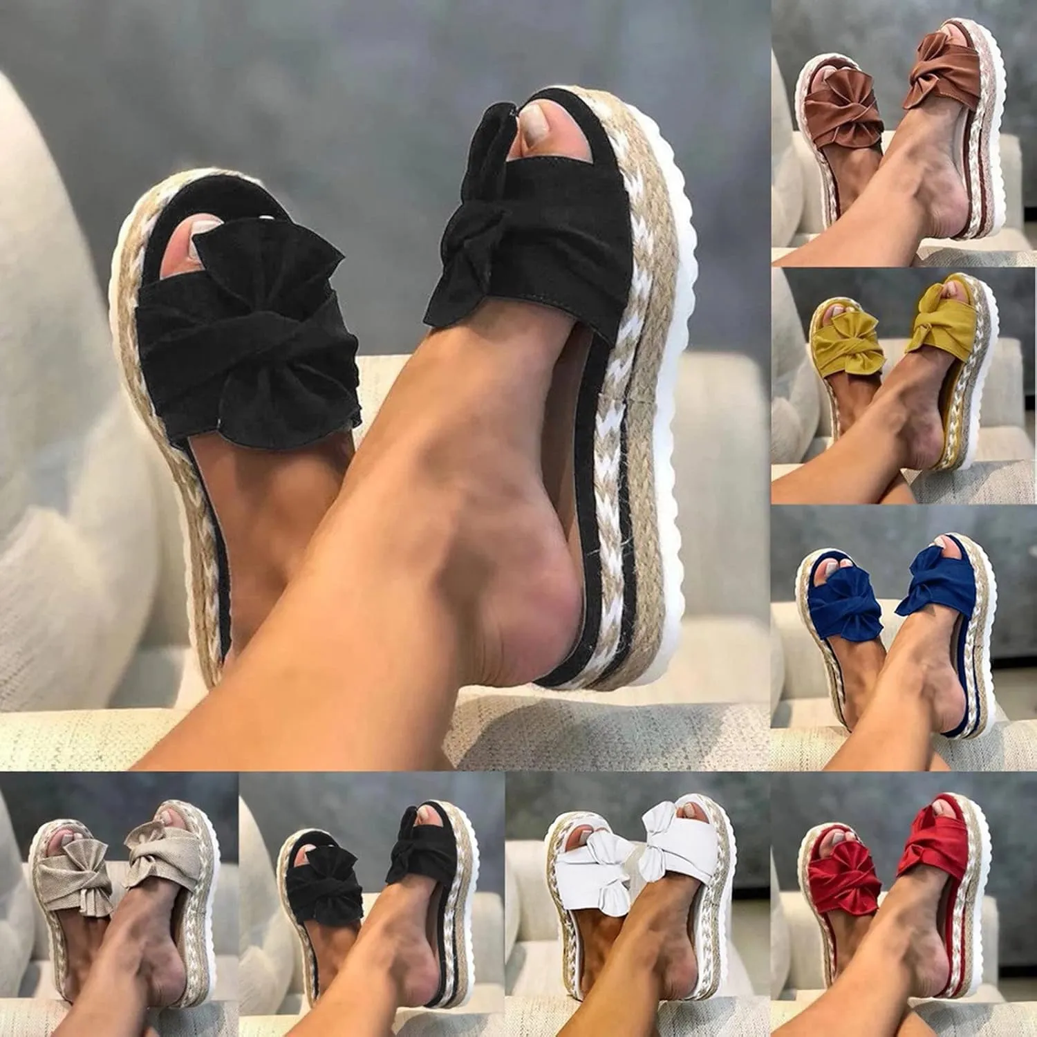 Platform Sandals Women Espadrilles Slip on Wedge Sandals Slides Bow Tie Open Toe Mules Shoes Summer Thick Cushion Slippers