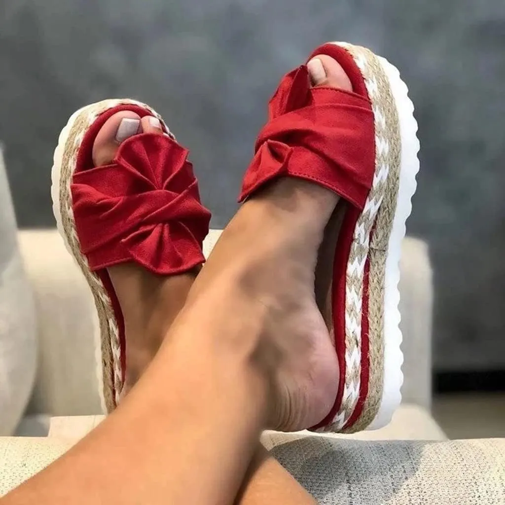 Platform Sandals Women Espadrilles Slip on Wedge Sandals Slides Bow Tie Open Toe Mules Shoes Summer Thick Cushion Slippers