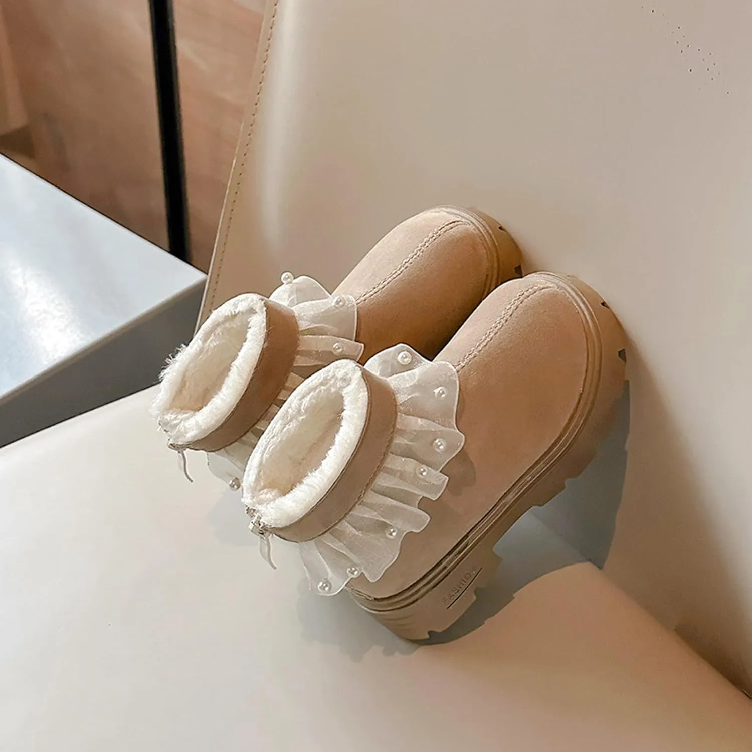 Princess Girls Fashion Pearl Ankle Boots Cute Sweet Lace Decoration Low Heel Thick Bottom Dress Shoes for Kids