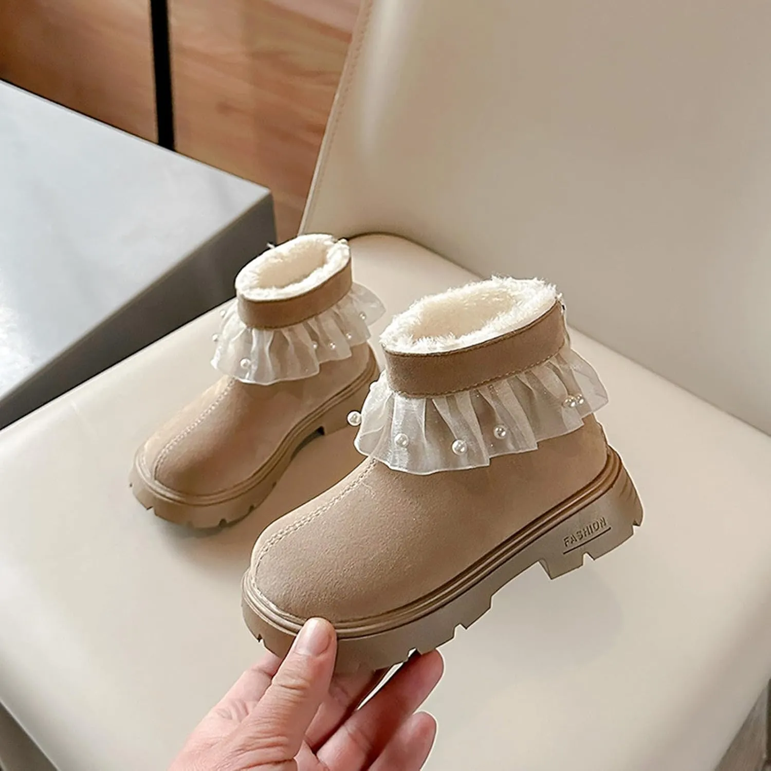 Princess Girls Fashion Pearl Ankle Boots Cute Sweet Lace Decoration Low Heel Thick Bottom Dress Shoes for Kids