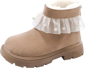 Princess Girls Fashion Pearl Ankle Boots Cute Sweet Lace Decoration Low Heel Thick Bottom Dress Shoes for Kids