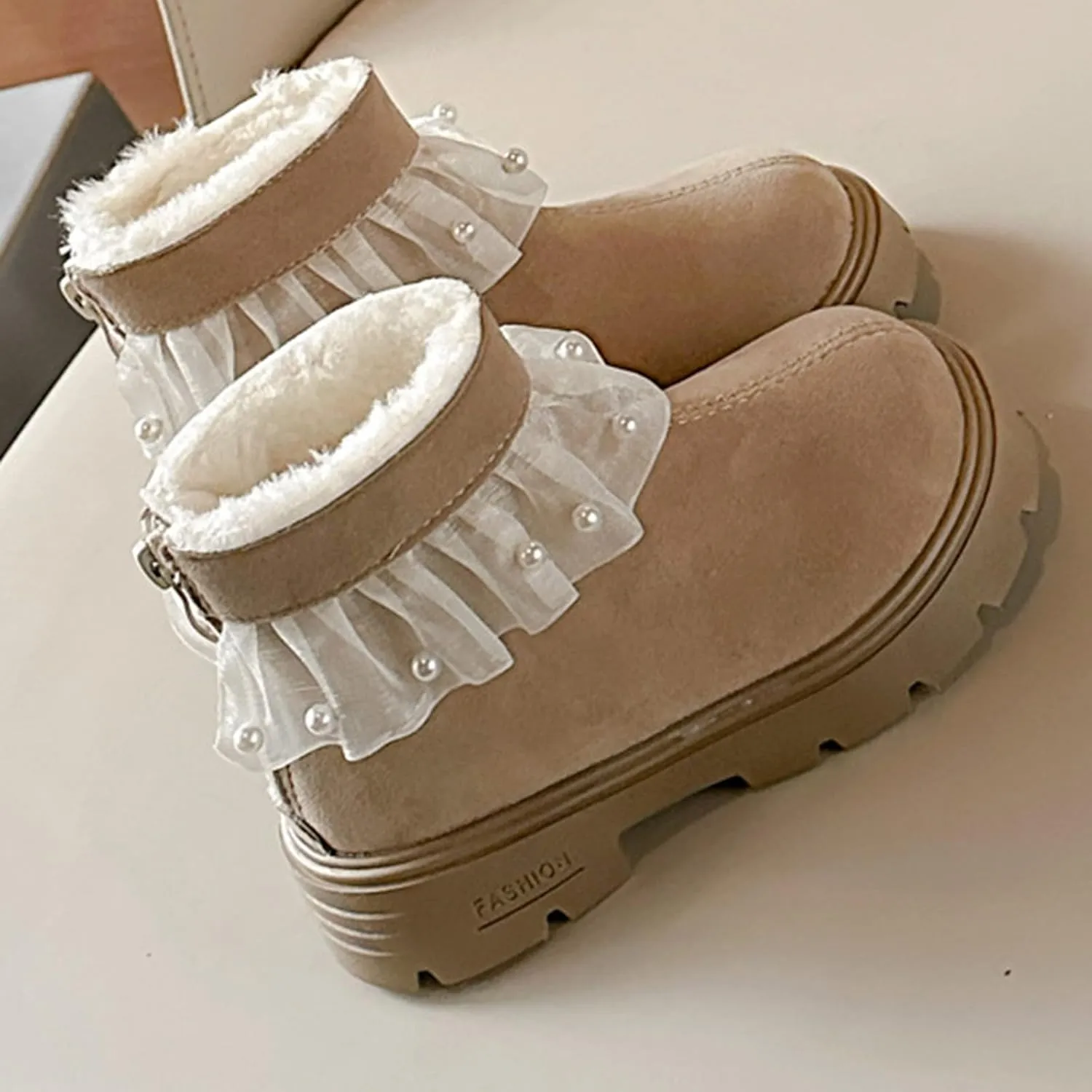 Princess Girls Fashion Pearl Ankle Boots Cute Sweet Lace Decoration Low Heel Thick Bottom Dress Shoes for Kids
