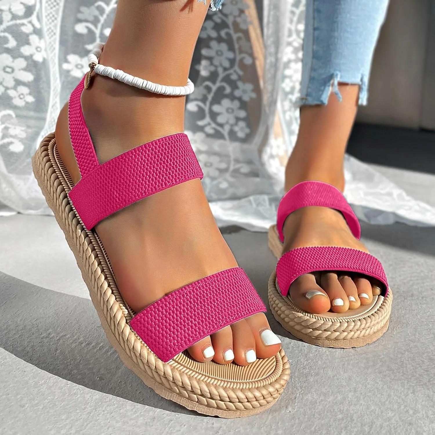 Sandals Women Cross Strap Flat Sandals Open Toe Orthotic Sandal Elastic Ankle Strap Shoes Comfy Low Wedge Sandal