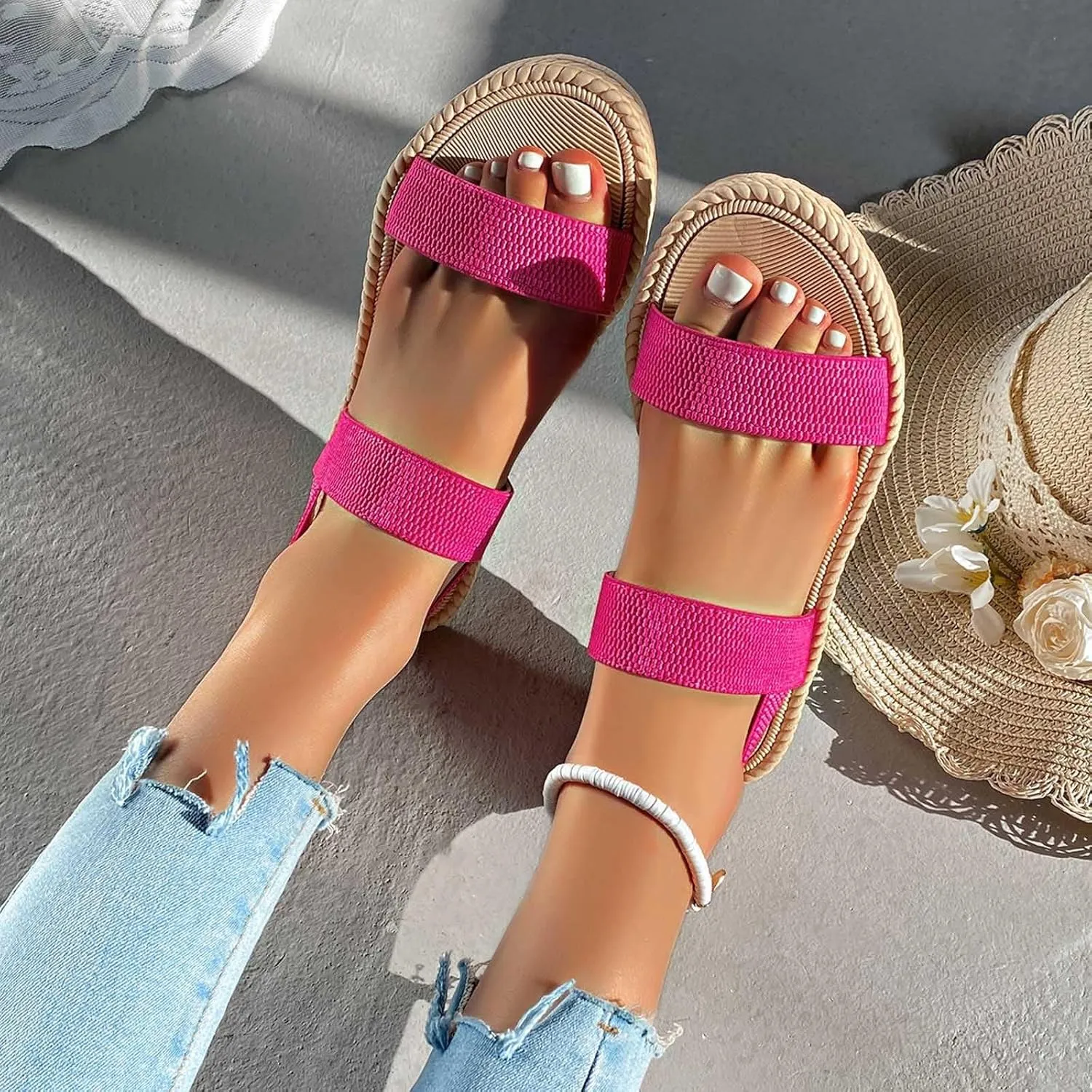 Sandals Women Cross Strap Flat Sandals Open Toe Orthotic Sandal Elastic Ankle Strap Shoes Comfy Low Wedge Sandal