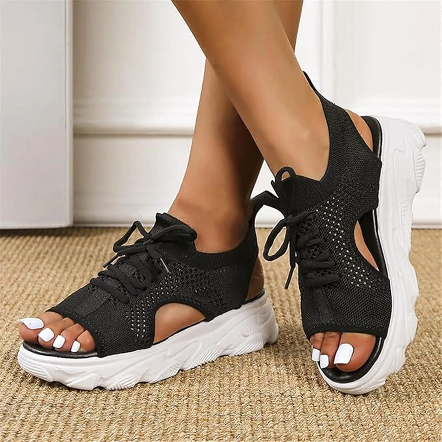 Sport Sandals for Women Contrast Paneled Cutout Lace-Up Muffin Sandals, Summer Open Toe Platform Sneaker Sandal Slip on Hollow Out Mesh Slingbacks Walking Shoes