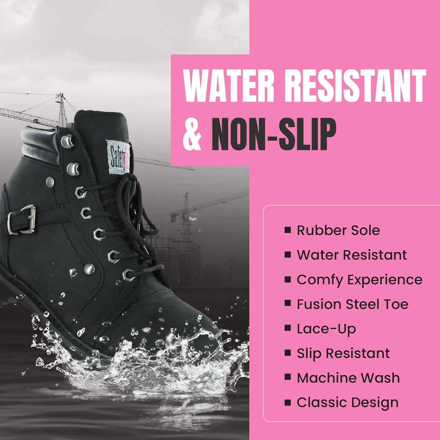 Steel Toe Boots for Women - Black - 7.5M | Waterproof Women's Fusion Work Boots | Leather Work Boots | Rugged Goodyear Welt Construction | Oil Resistant Outsoles & Cushioned Insoles