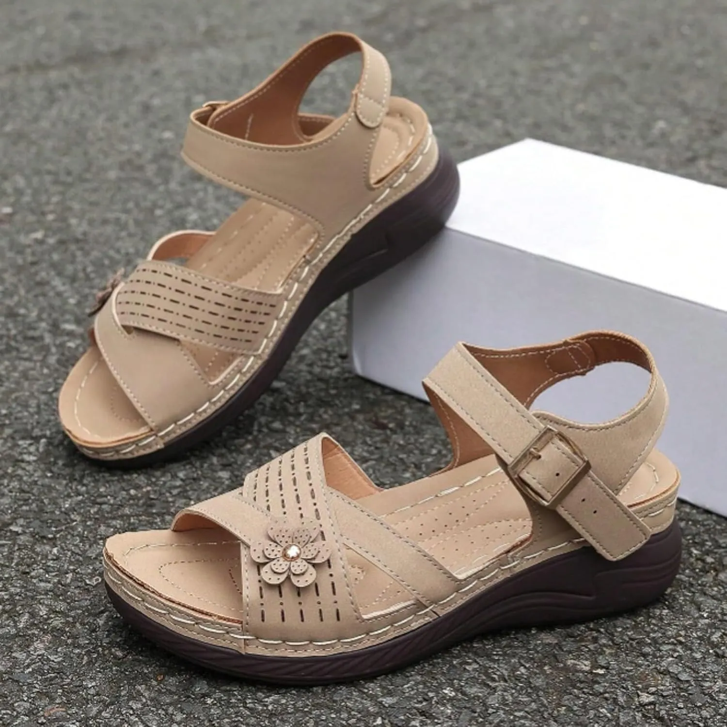 Summer Sandals for Women 2025 Trendy Beach Comfortable Dressy Sandal Arch Support Ankle Strap Wedge Sandals Platform Casual Hollow Out Open Toe Low Heel Breathable Shoes