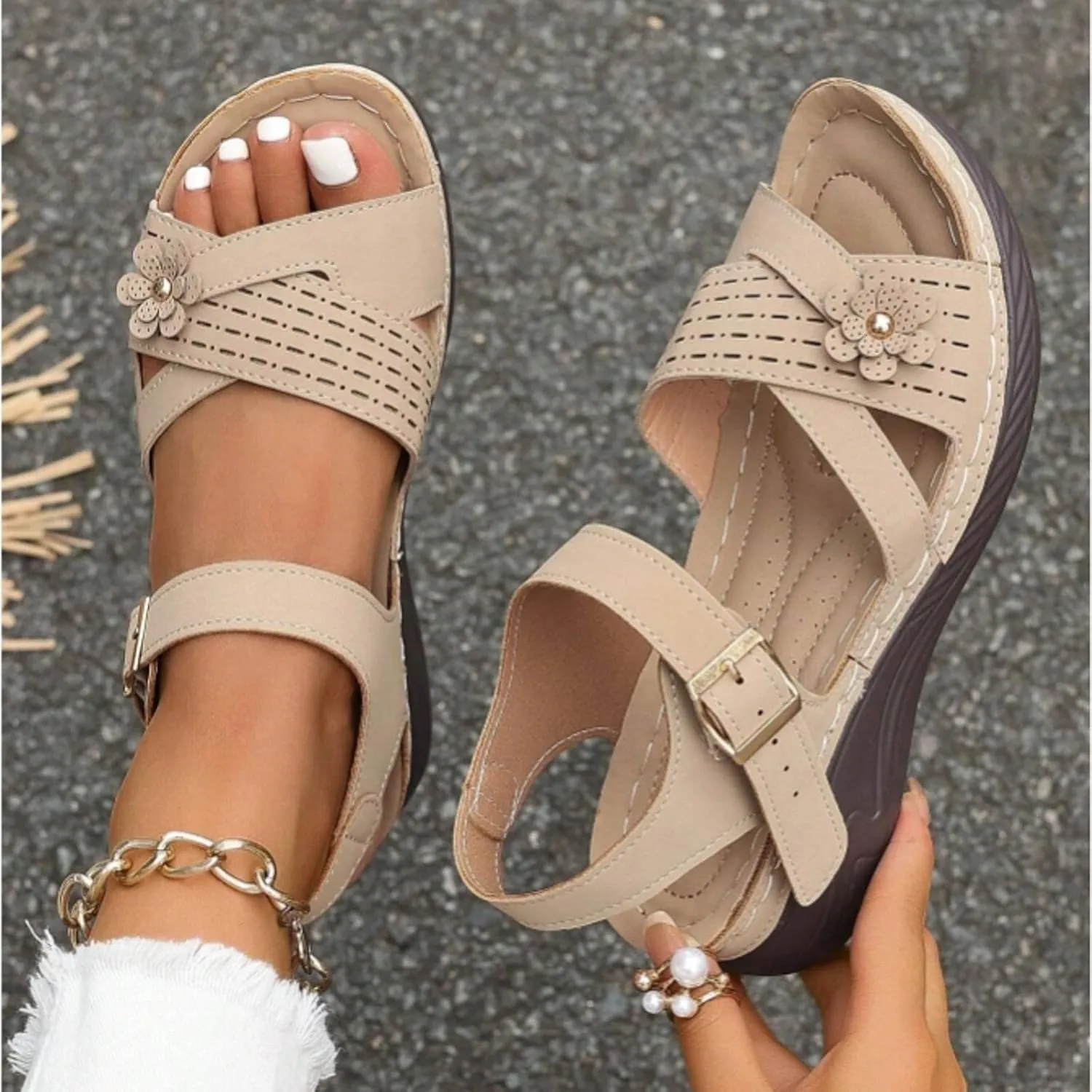 Summer Sandals for Women 2025 Trendy Beach Comfortable Dressy Sandal Arch Support Ankle Strap Wedge Sandals Platform Casual Hollow Out Open Toe Low Heel Breathable Shoes