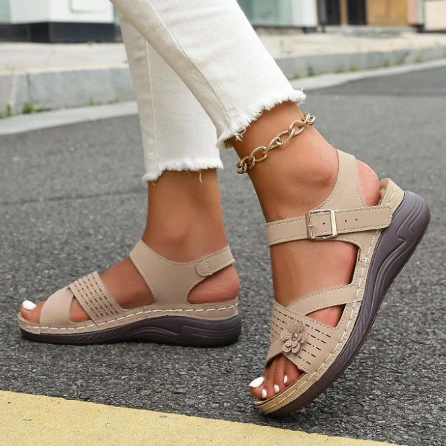Summer Sandals for Women 2025 Trendy Beach Comfortable Dressy Sandal Arch Support Ankle Strap Wedge Sandals Platform Casual Hollow Out Open Toe Low Heel Breathable Shoes