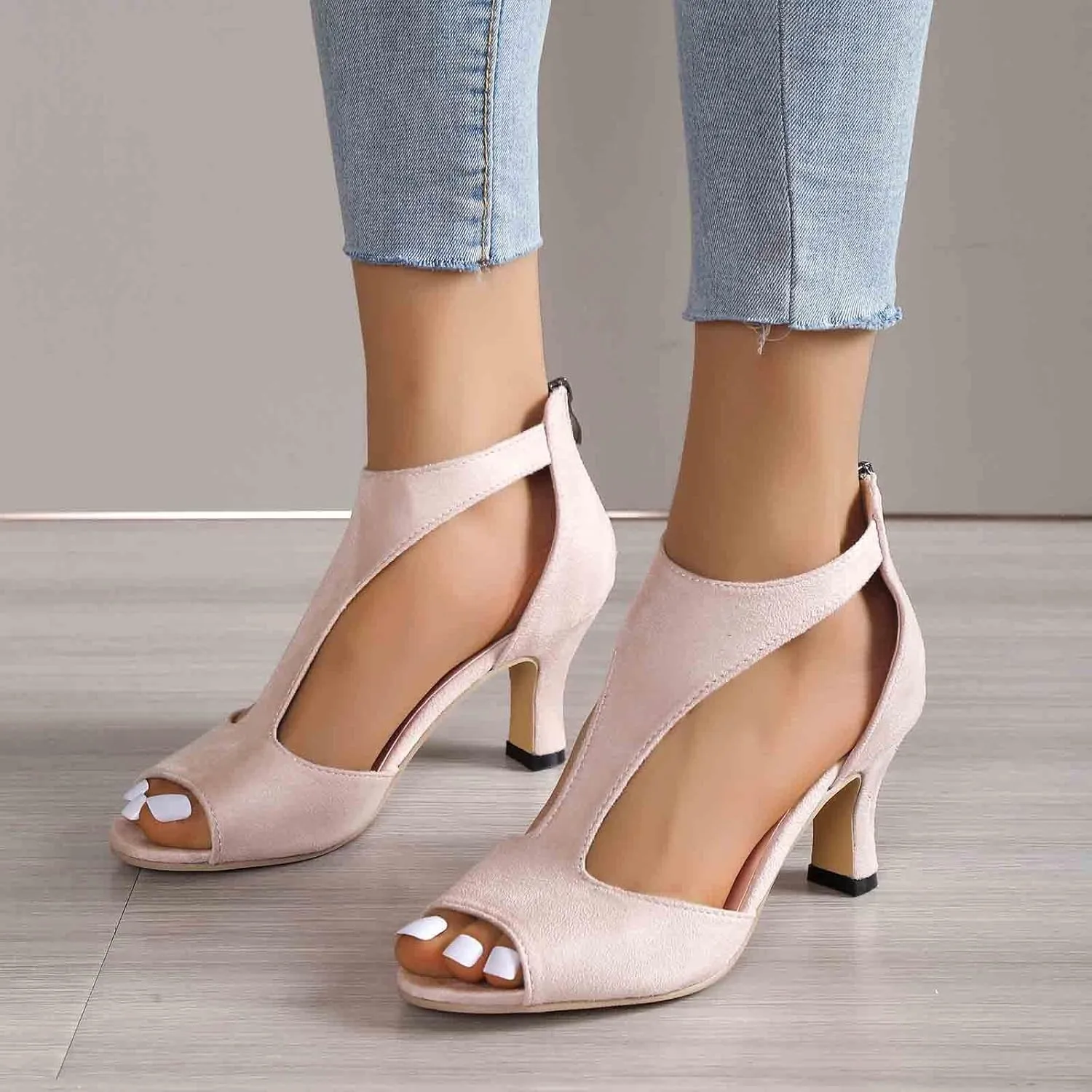 Summer Sandals for Women Open Toe Stiletto Heels T-Strap Dress Shoes Cutout Low Kitten Heeled Back Zip Retro Pumps