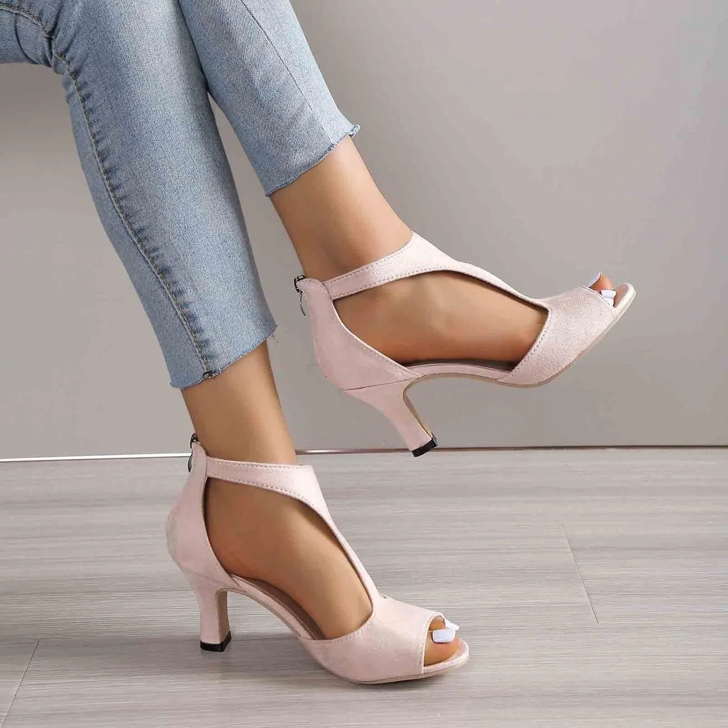 Summer Sandals for Women Open Toe Stiletto Heels T-Strap Dress Shoes Cutout Low Kitten Heeled Back Zip Retro Pumps