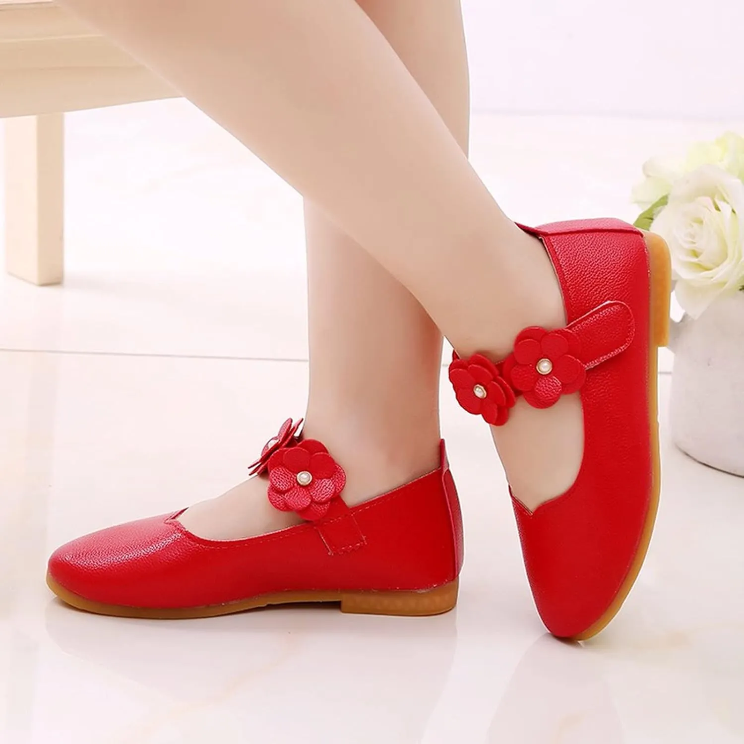Toddler Dress Shoes Girls Kids Cute Solid Ballerina Flat with Floral Strap Wedding Party School Soft Mary Jane Shoes