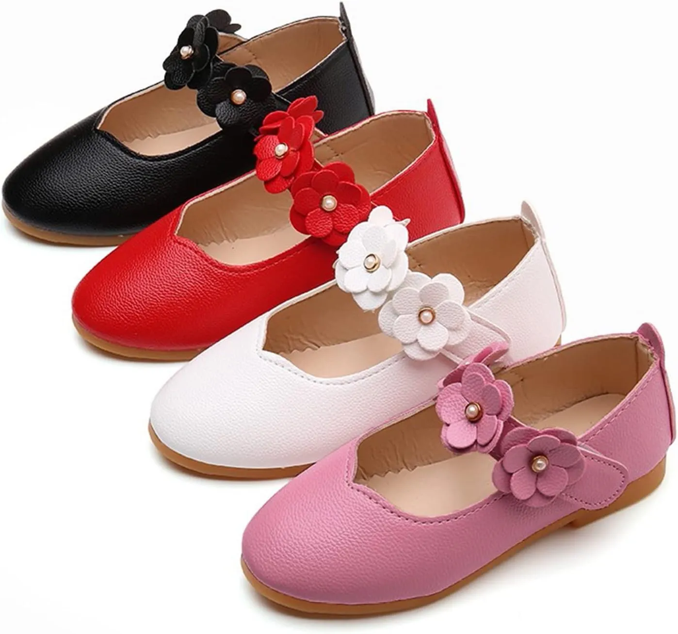 Toddler Dress Shoes Girls Kids Cute Solid Ballerina Flat with Floral Strap Wedding Party School Soft Mary Jane Shoes