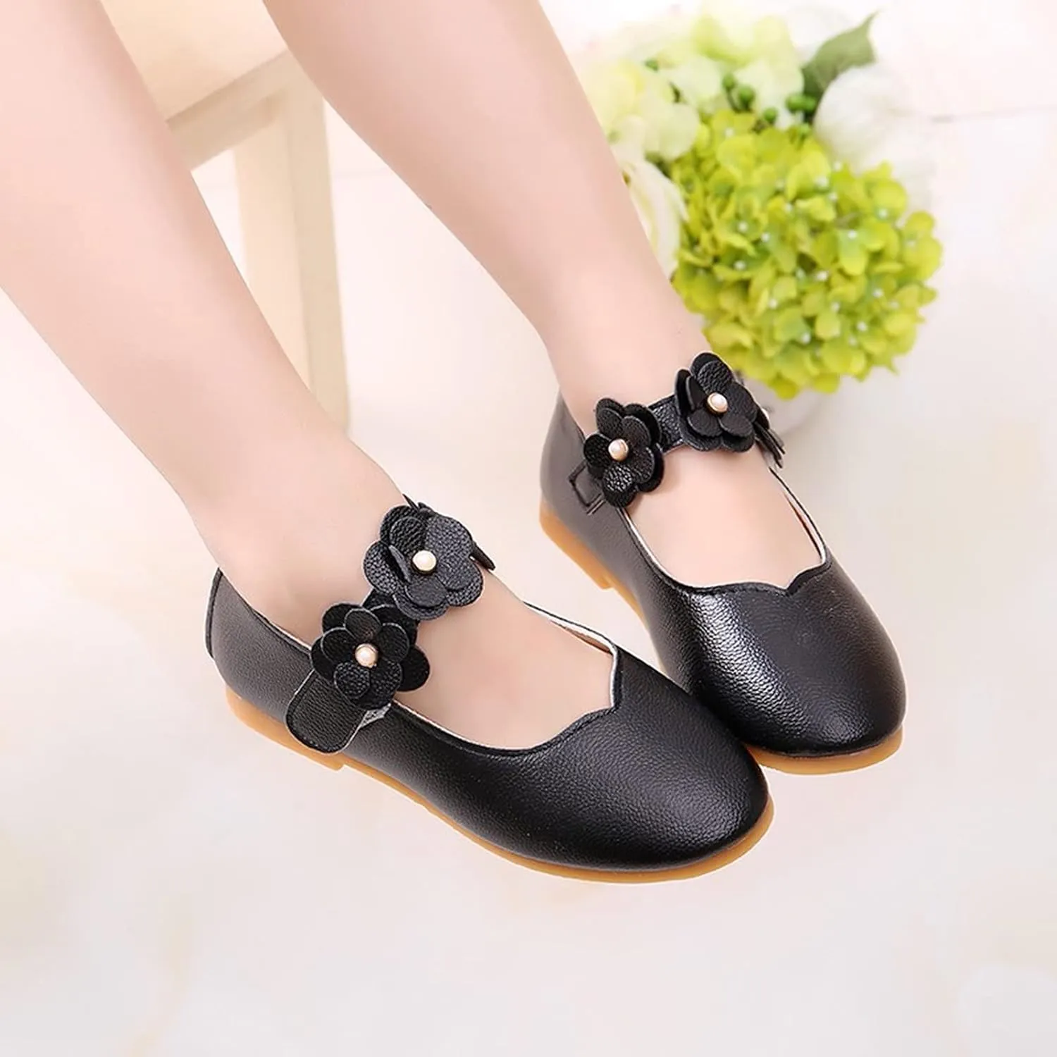 Toddler Dress Shoes Girls Kids Cute Solid Ballerina Flat with Floral Strap Wedding Party School Soft Mary Jane Shoes