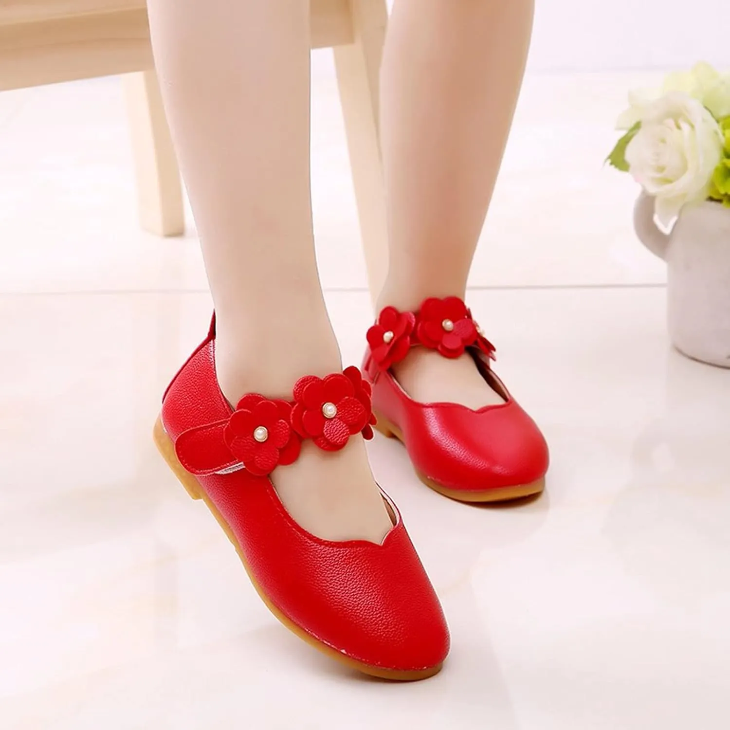 Toddler Dress Shoes Girls Kids Cute Solid Ballerina Flat with Floral Strap Wedding Party School Soft Mary Jane Shoes
