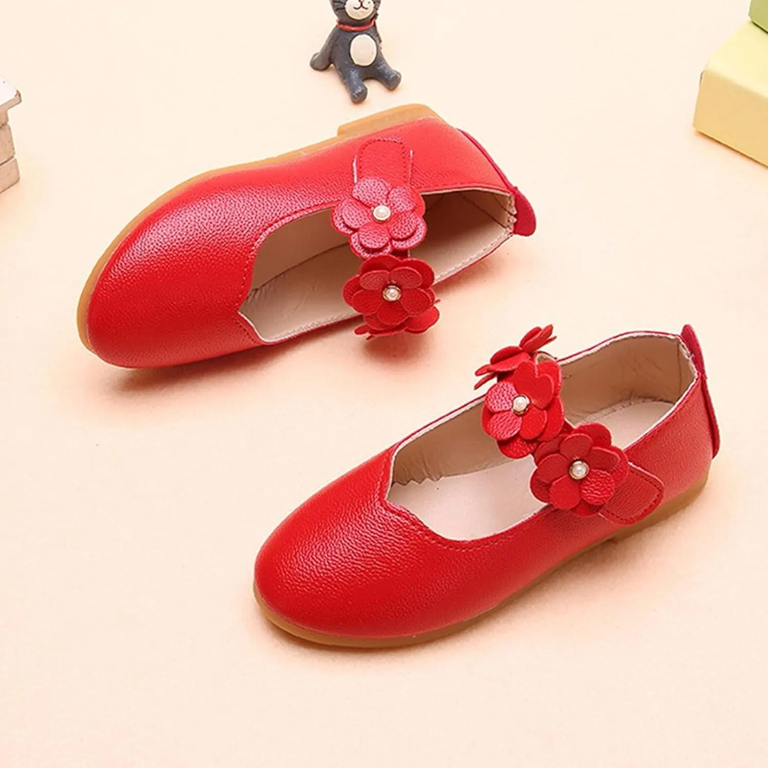 Toddler Dress Shoes Girls Kids Cute Solid Ballerina Flat with Floral Strap Wedding Party School Soft Mary Jane Shoes