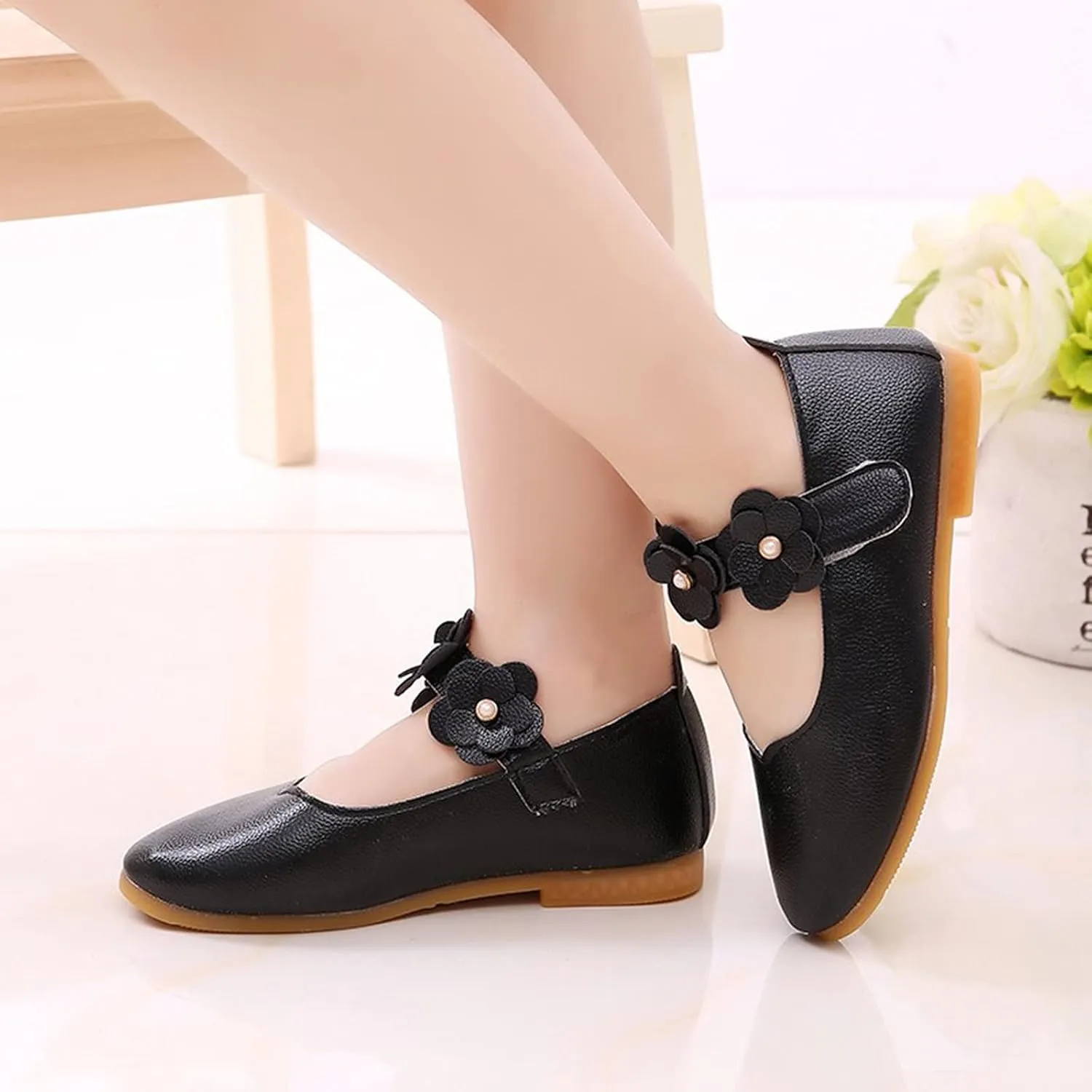 Toddler Dress Shoes Girls Kids Cute Solid Ballerina Flat with Floral Strap Wedding Party School Soft Mary Jane Shoes