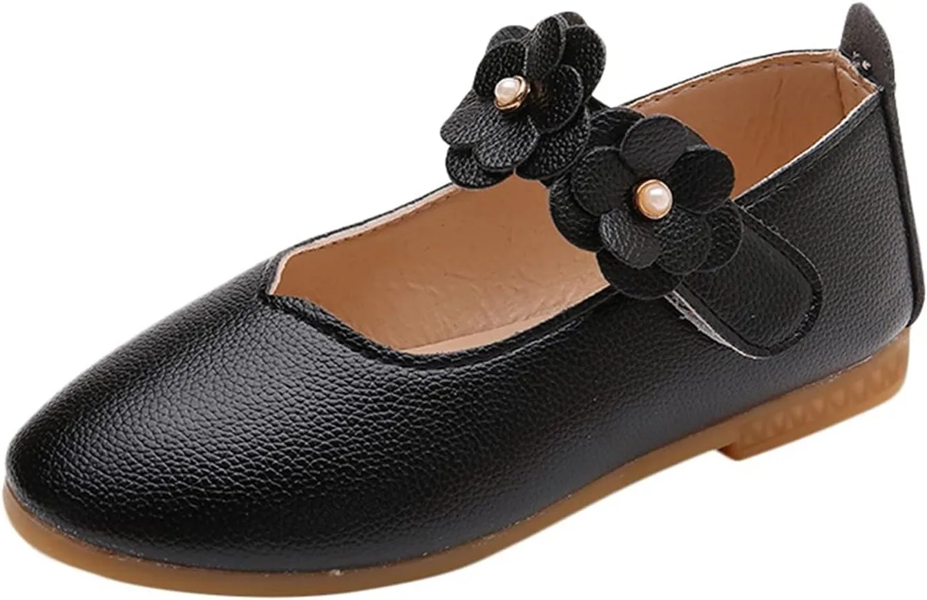 Toddler Dress Shoes Girls Kids Cute Solid Ballerina Flat with Floral Strap Wedding Party School Soft Mary Jane Shoes