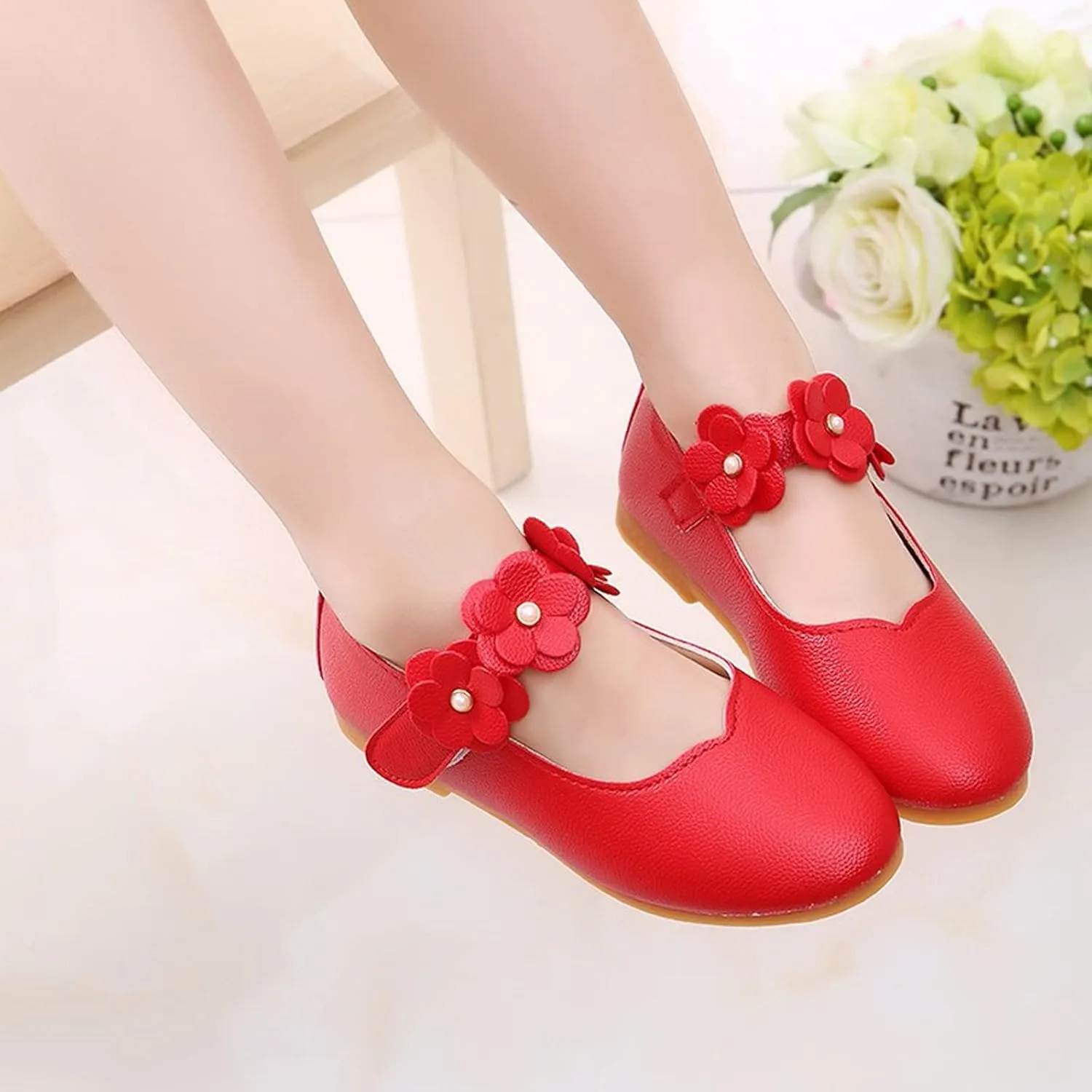 Toddler Dress Shoes Girls Kids Cute Solid Ballerina Flat with Floral Strap Wedding Party School Soft Mary Jane Shoes