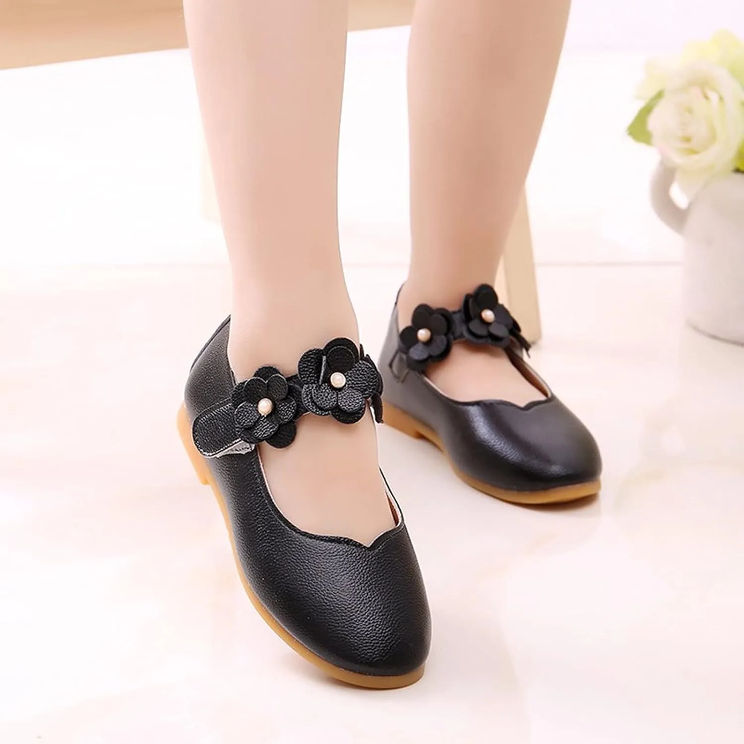 Toddler Dress Shoes Girls Kids Cute Solid Ballerina Flat with Floral Strap Wedding Party School Soft Mary Jane Shoes