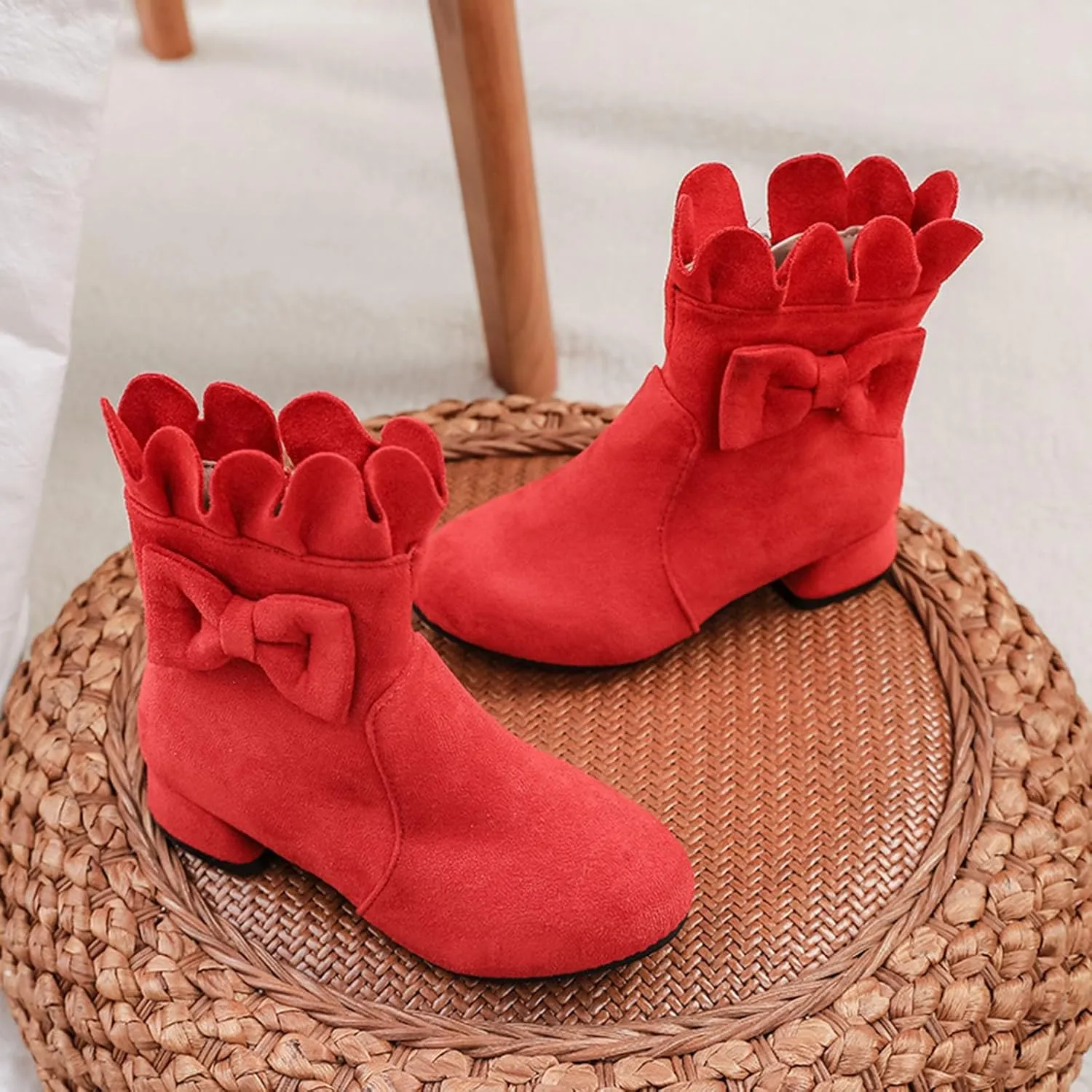 Toddler/Little Girls Short Ankle Boots Sweet Bowknot Side Zipper Low Heel Dress Booties Fashion Princess Shoes