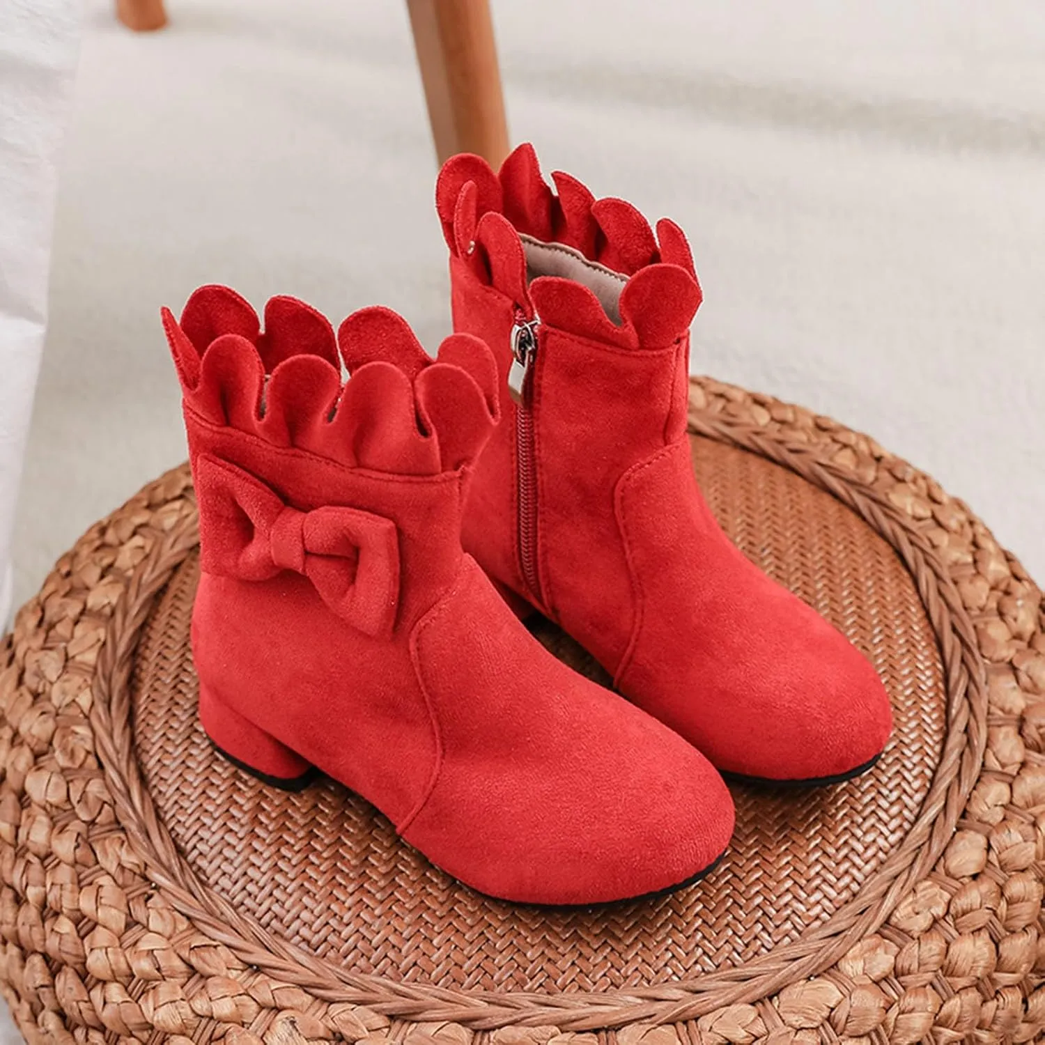 Toddler/Little Girls Short Ankle Boots Sweet Bowknot Side Zipper Low Heel Dress Booties Fashion Princess Shoes