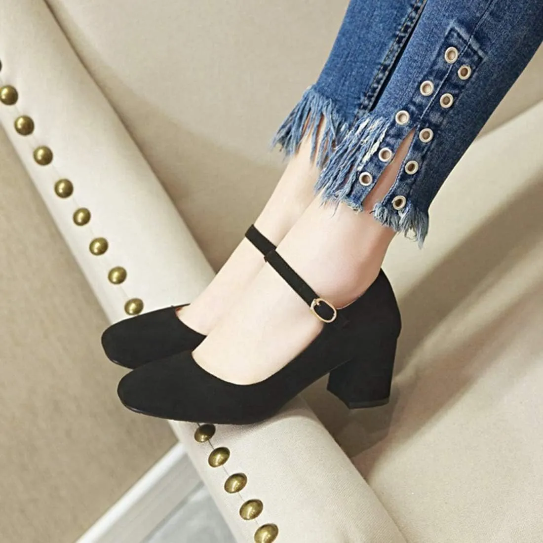 VOKLIN Women's Square Toe Mary Jane Pumps Suede Buckle Strap Slip On Chunky Block Mid Heel Retro Dress Shoes