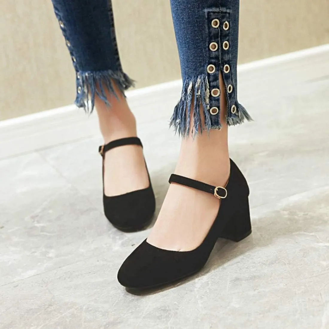 VOKLIN Women's Square Toe Mary Jane Pumps Suede Buckle Strap Slip On Chunky Block Mid Heel Retro Dress Shoes