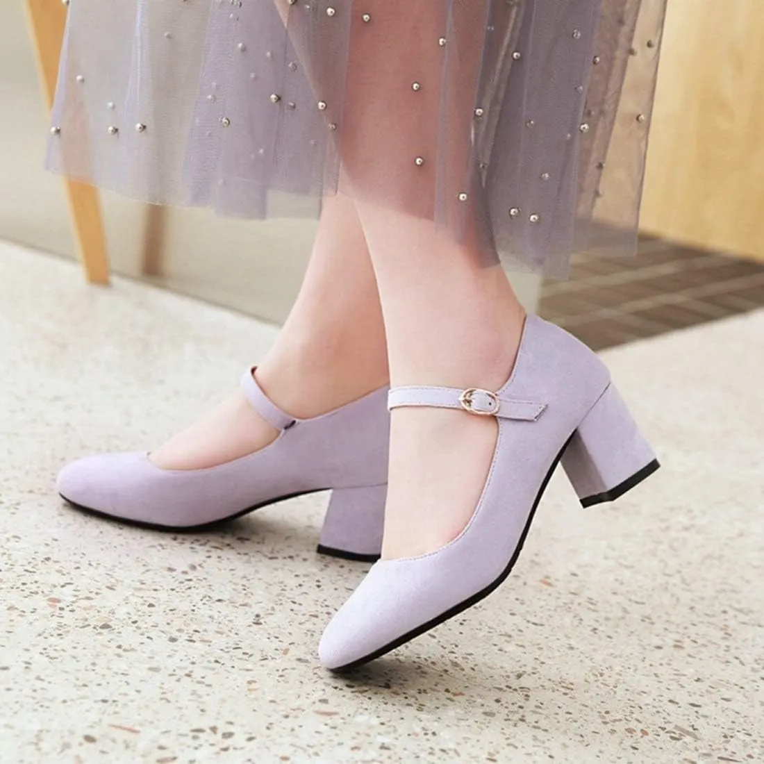 VOKLIN Women's Square Toe Mary Jane Pumps Suede Buckle Strap Slip On Chunky Block Mid Heel Retro Dress Shoes